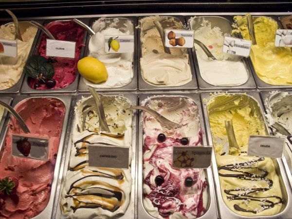 Italy, Parma Many flavors of gelato for sale